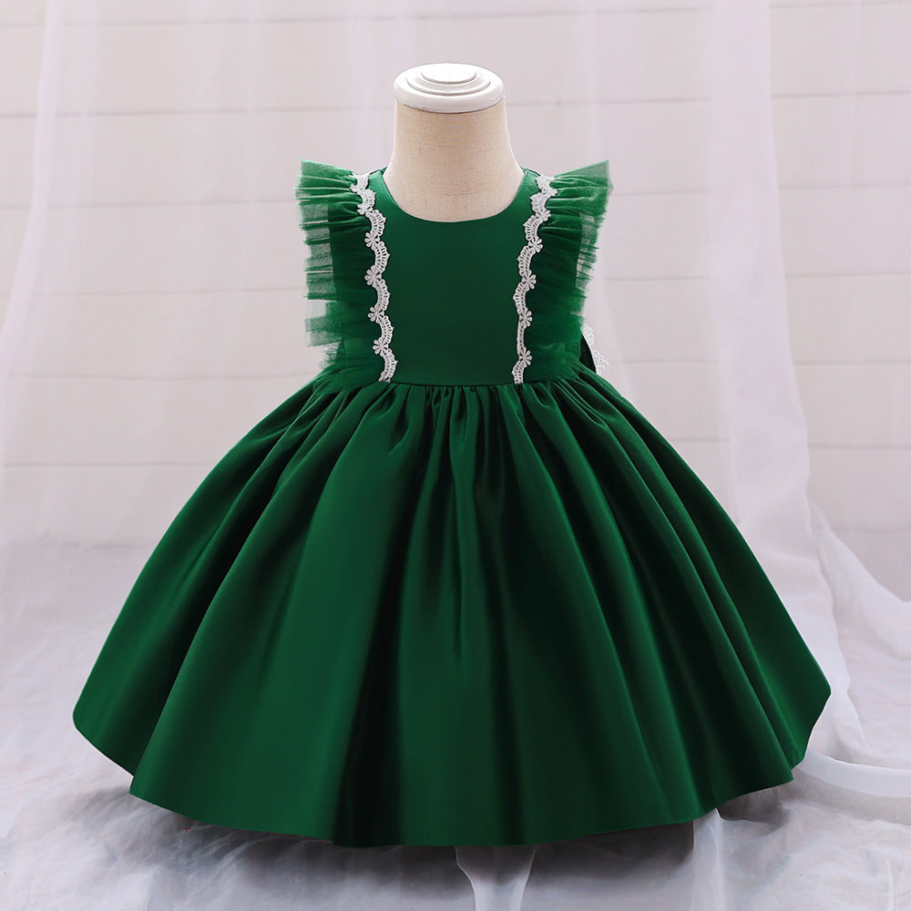 Cute Satin Lace A-Line Dress for Toddlers with Bow & Ruffles – Party & Wedding Princess Outfit