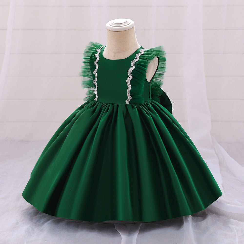 Cute Satin Lace A-Line Dress for Toddlers with Bow & Ruffles – Party & Wedding Princess Outfit