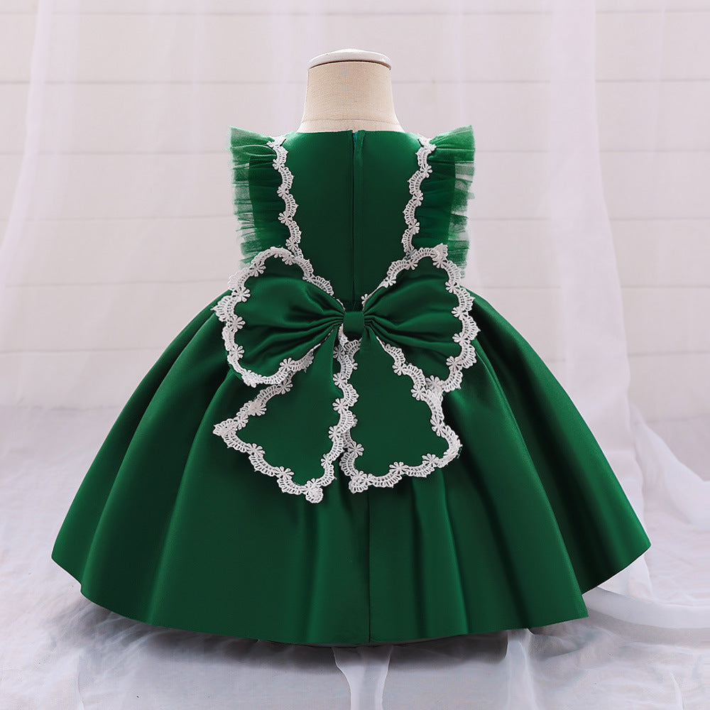Cute Satin Lace A-Line Dress for Toddlers with Bow & Ruffles – Party & Wedding Princess Outfit