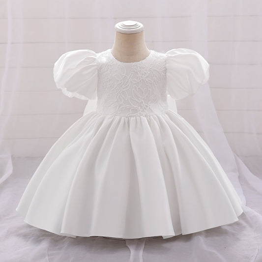 Satin Princess Dress for Baby Girls – Ruffle Tea-Length Flower Girl Outfit