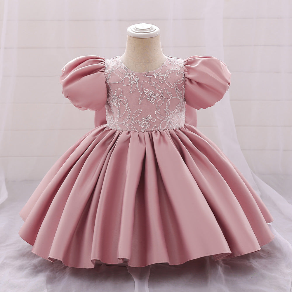 Satin Princess Dress for Baby Girls – Ruffle Tea-Length Flower Girl Outfit