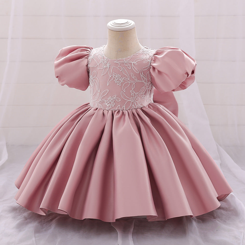 Satin Princess Dress for Baby Girls – Ruffle Tea-Length Flower Girl Outfit
