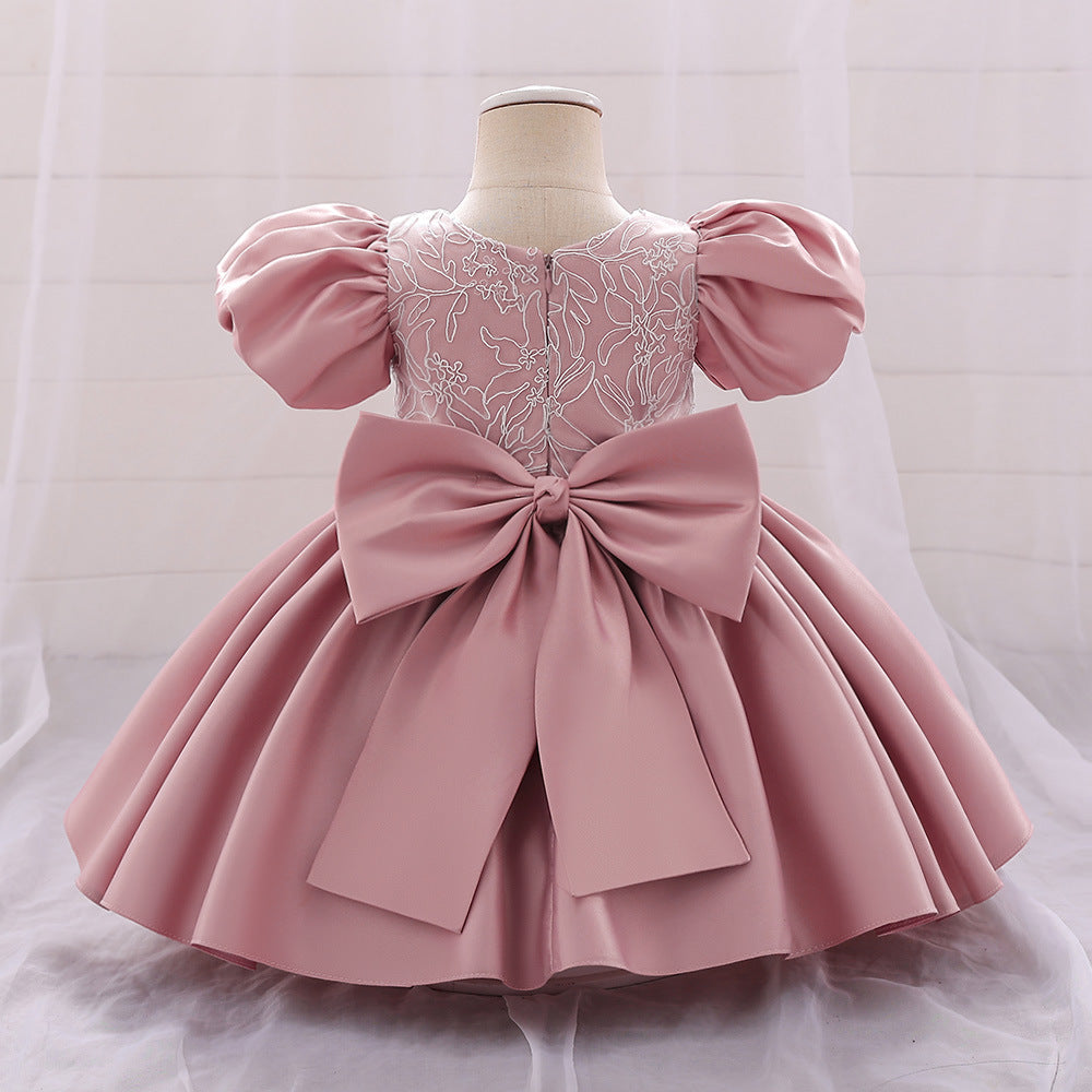 Satin Princess Dress for Baby Girls – Ruffle Tea-Length Flower Girl Outfit