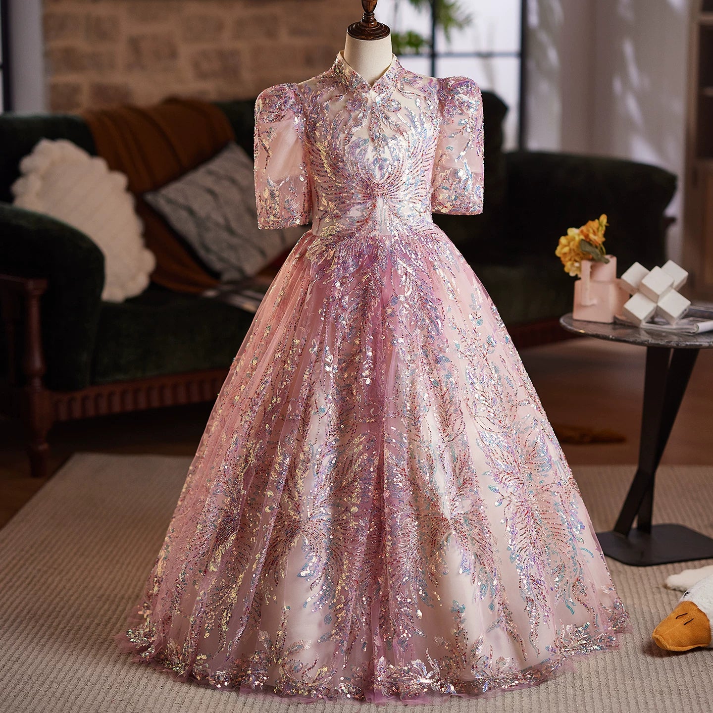 Pink Sequin A-Line Maxi Princess Dress for Girls | Formal Party & Wedding