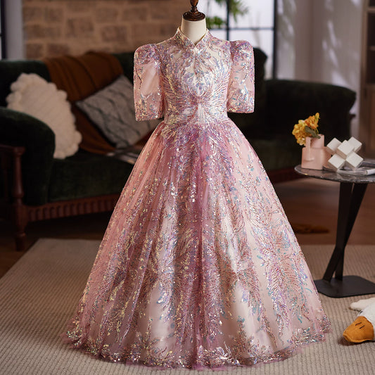Pink Sequin A-Line Maxi Princess Dress for Girls | Formal Party & Wedding