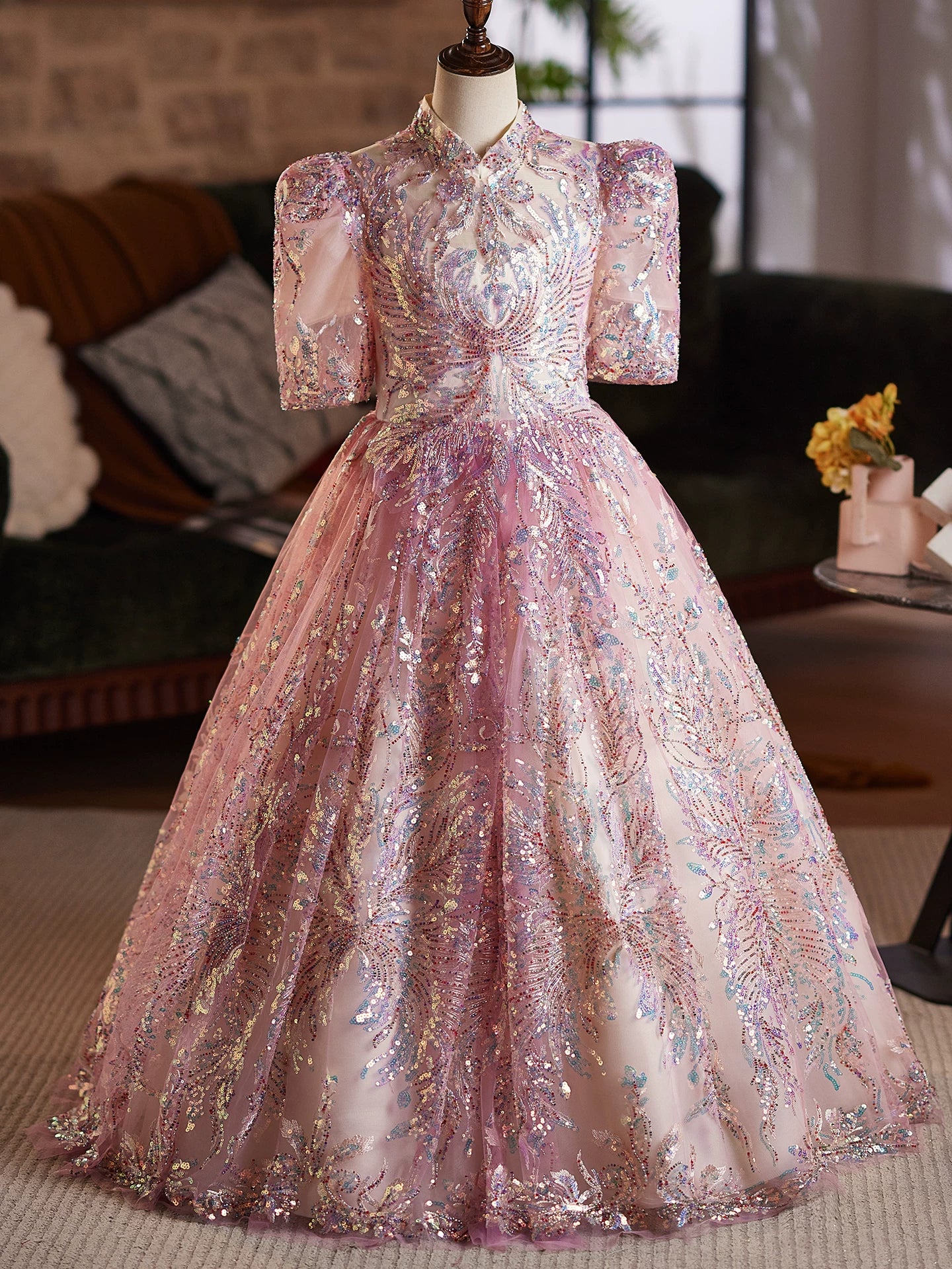 Pink Sequin A-Line Maxi Princess Dress for Girls | Formal Party & Wedding