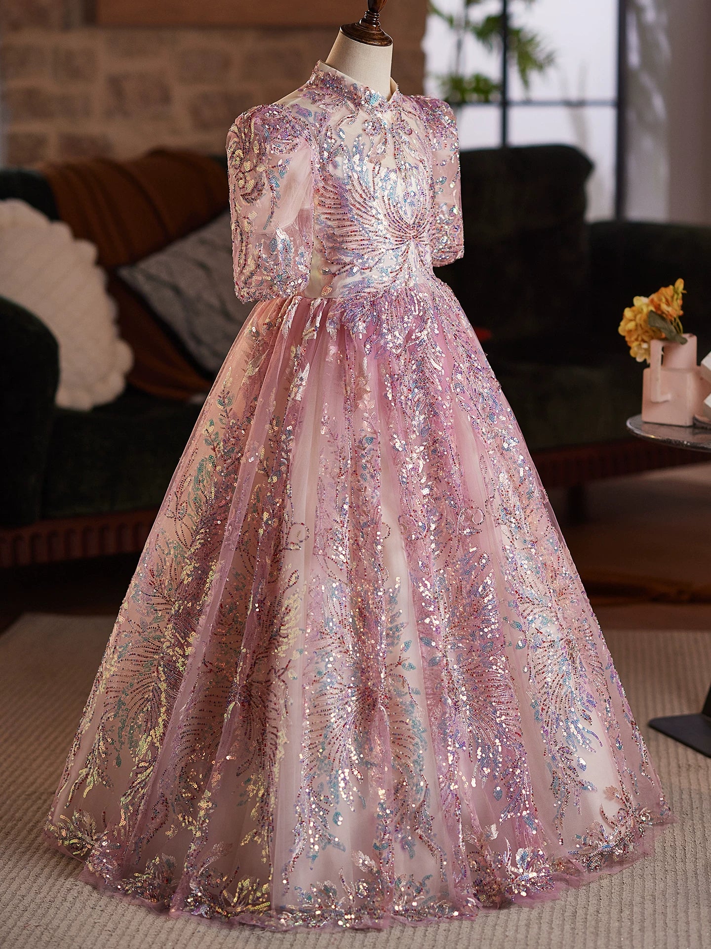 Pink Sequin A-Line Maxi Princess Dress for Girls | Formal Party & Wedding