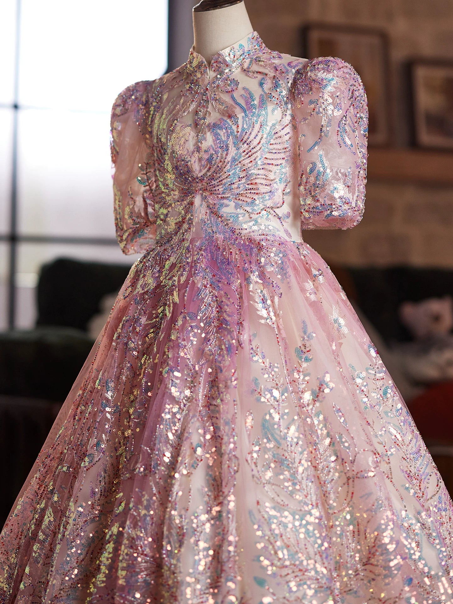 Pink Sequin A-Line Maxi Princess Dress for Girls | Formal Party & Wedding