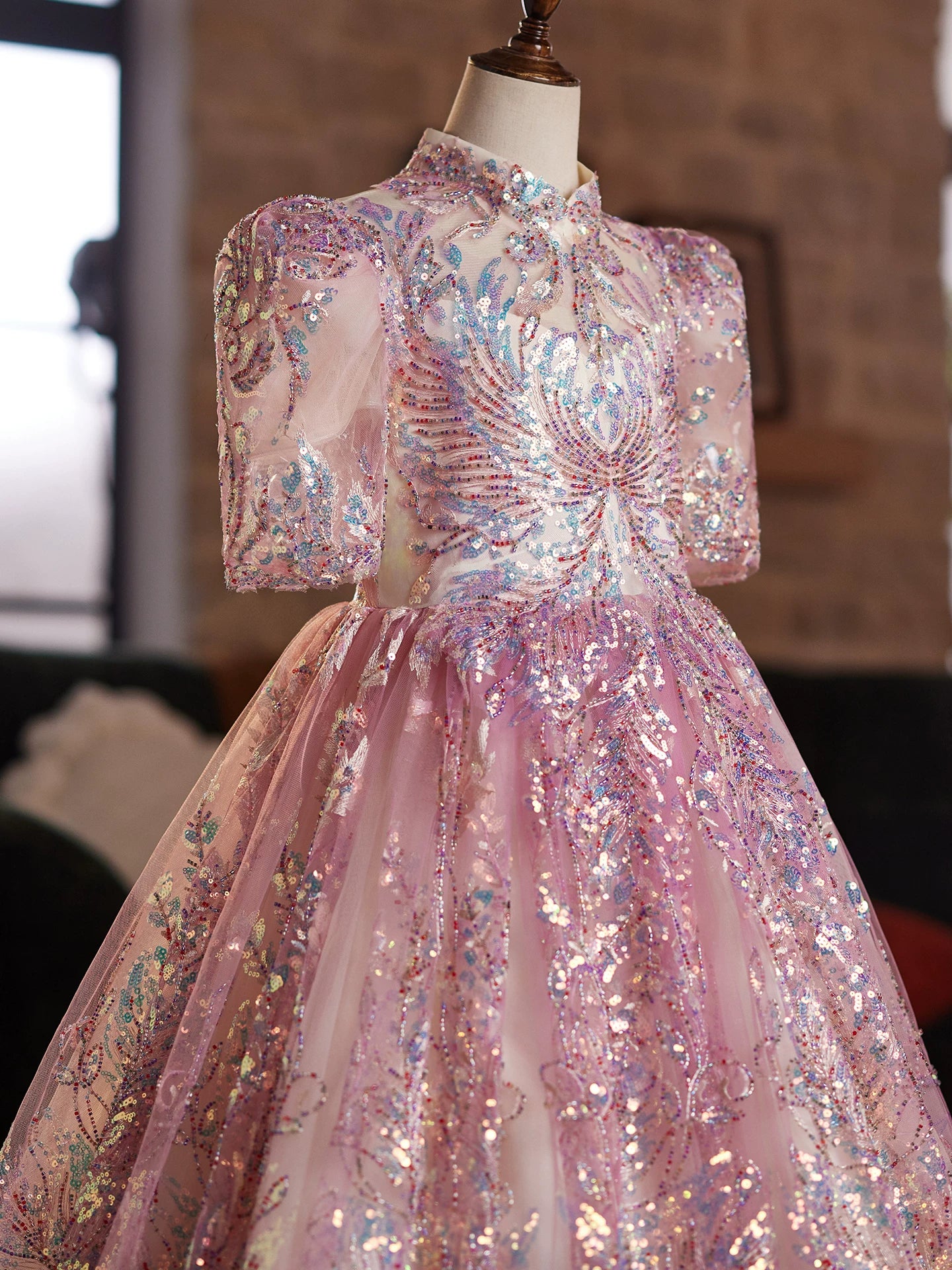 Pink Sequin A-Line Maxi Princess Dress for Girls | Formal Party & Wedding