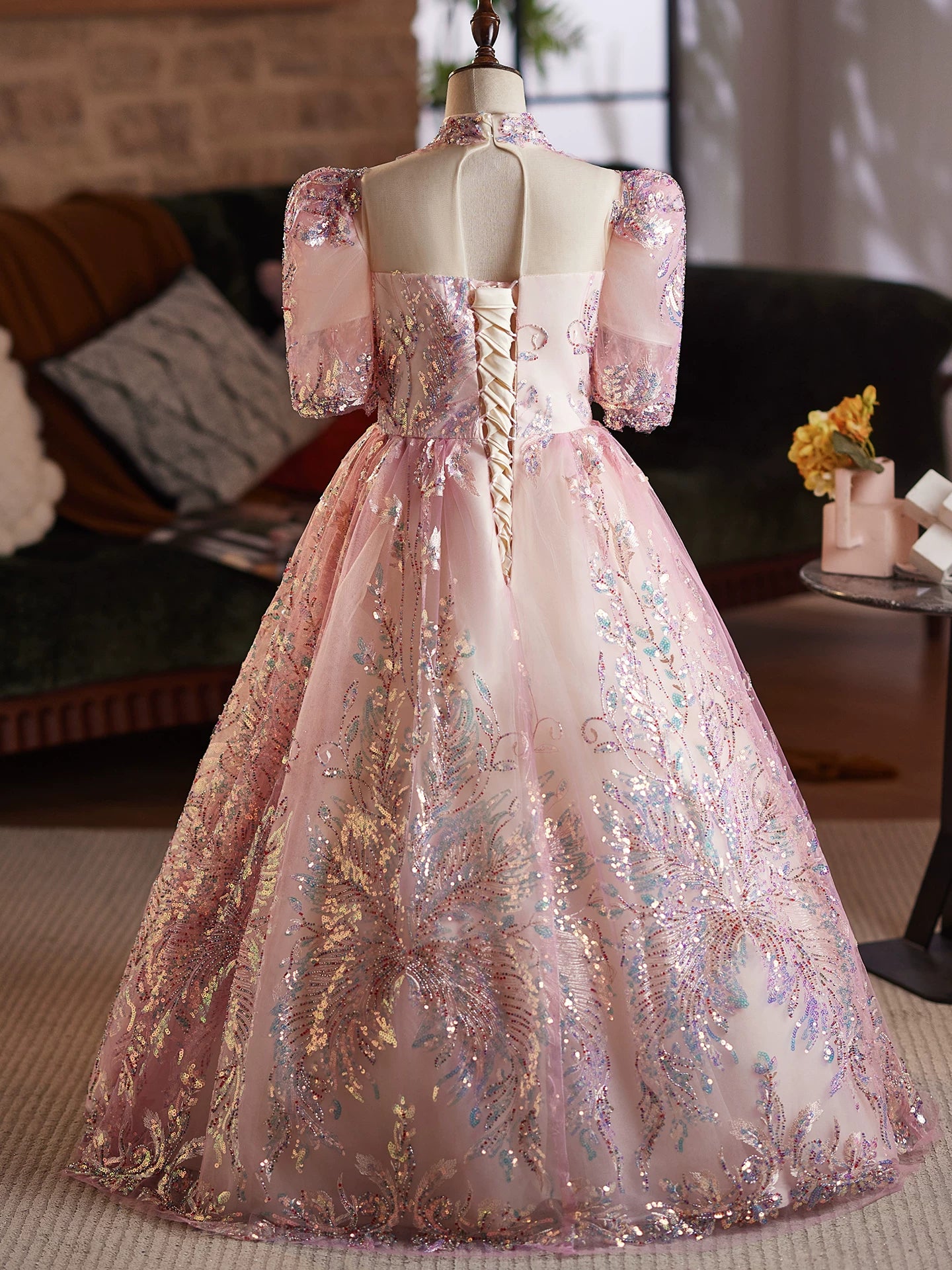 Pink Sequin A-Line Maxi Princess Dress for Girls | Formal Party & Wedding