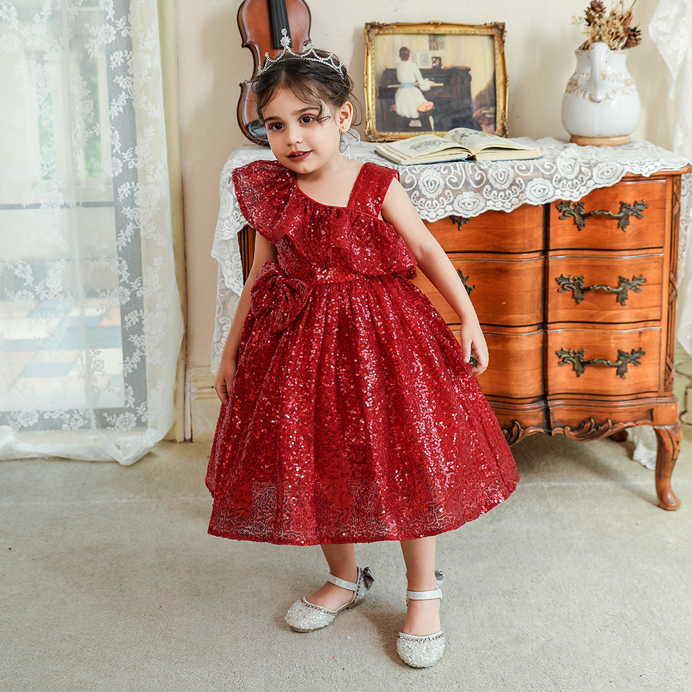 Sequin A-Line Flower Girl Dress with Bow & Ruffle – Tea Length Special Occasion Outfits