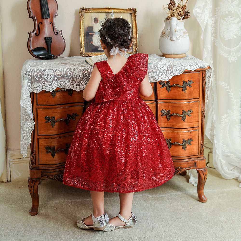 Sequin A-Line Flower Girl Dress with Bow & Ruffle – Tea Length Special Occasion Outfits