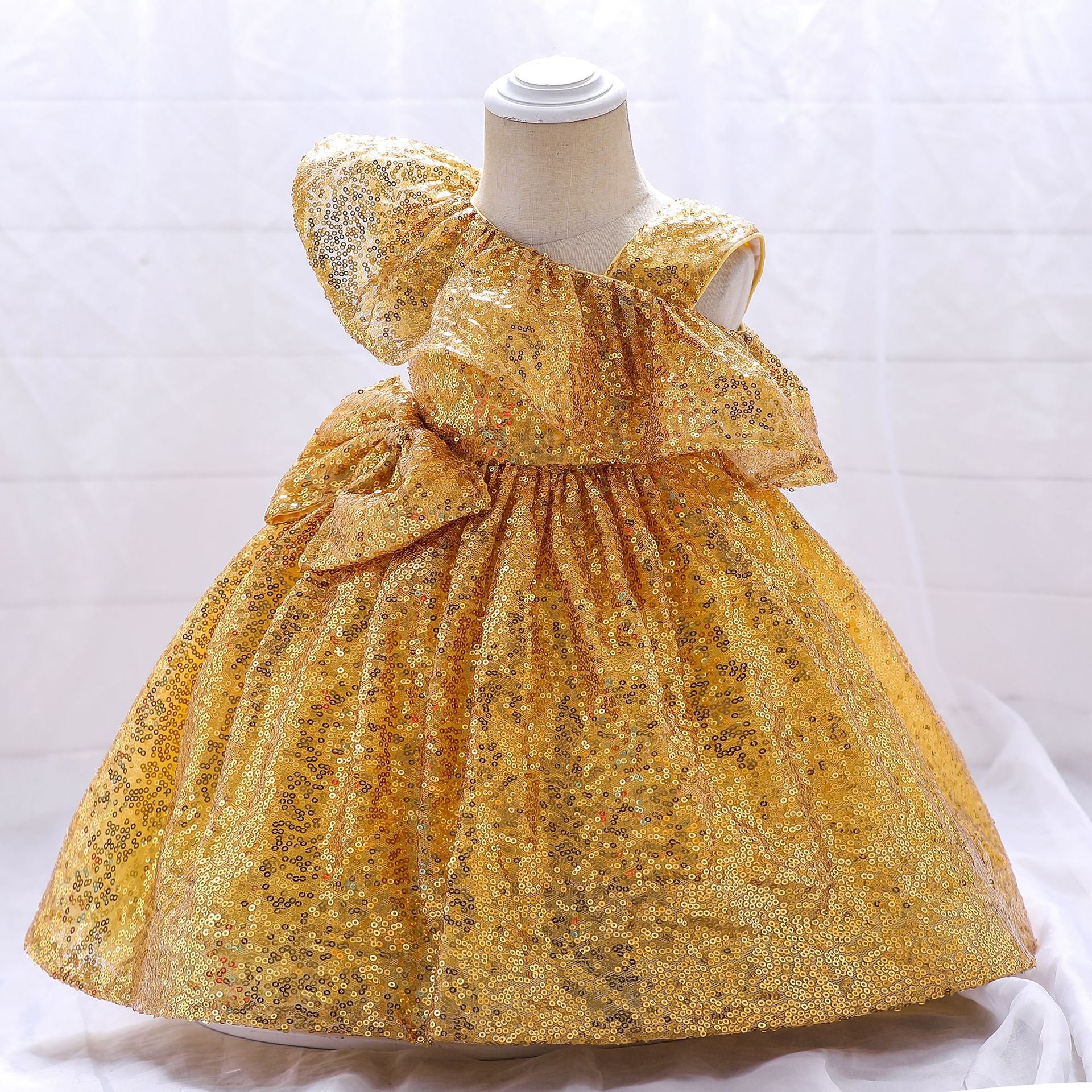 Sequin A-Line Flower Girl Dress with Bow & Ruffle – Tea Length Special Occasion Outfits