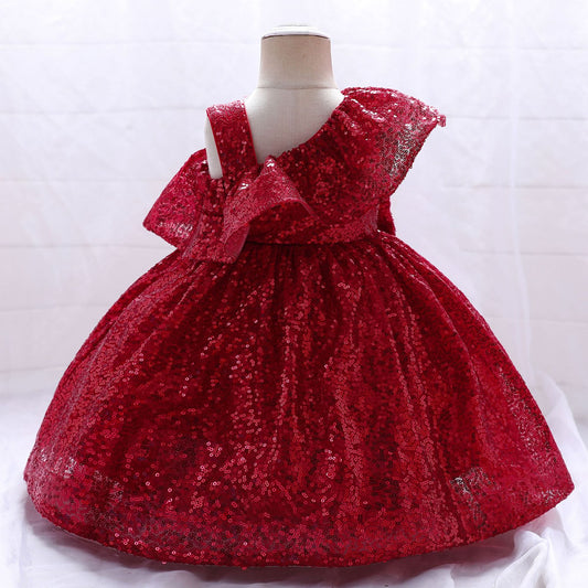 Sequin A-Line Flower Girl Dress with Bow & Ruffle – Tea Length Special Occasion Outfits
