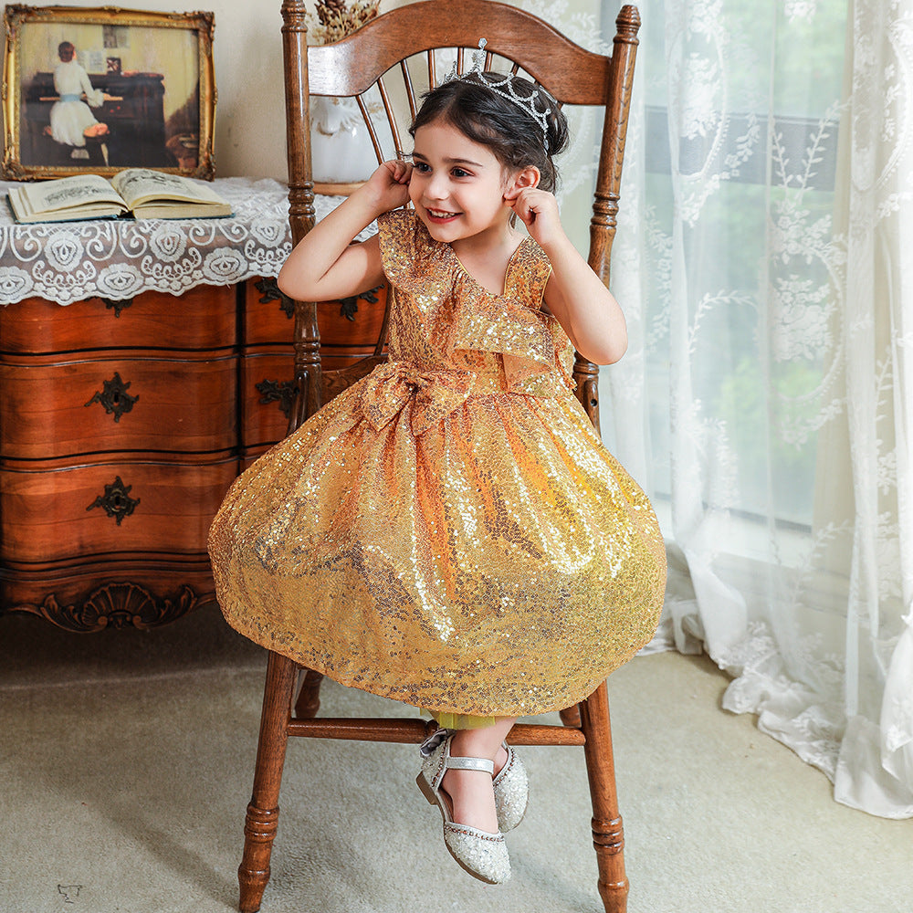 Sequin A-Line Flower Girl Dress with Bow & Ruffle – Tea Length Special Occasion Outfits