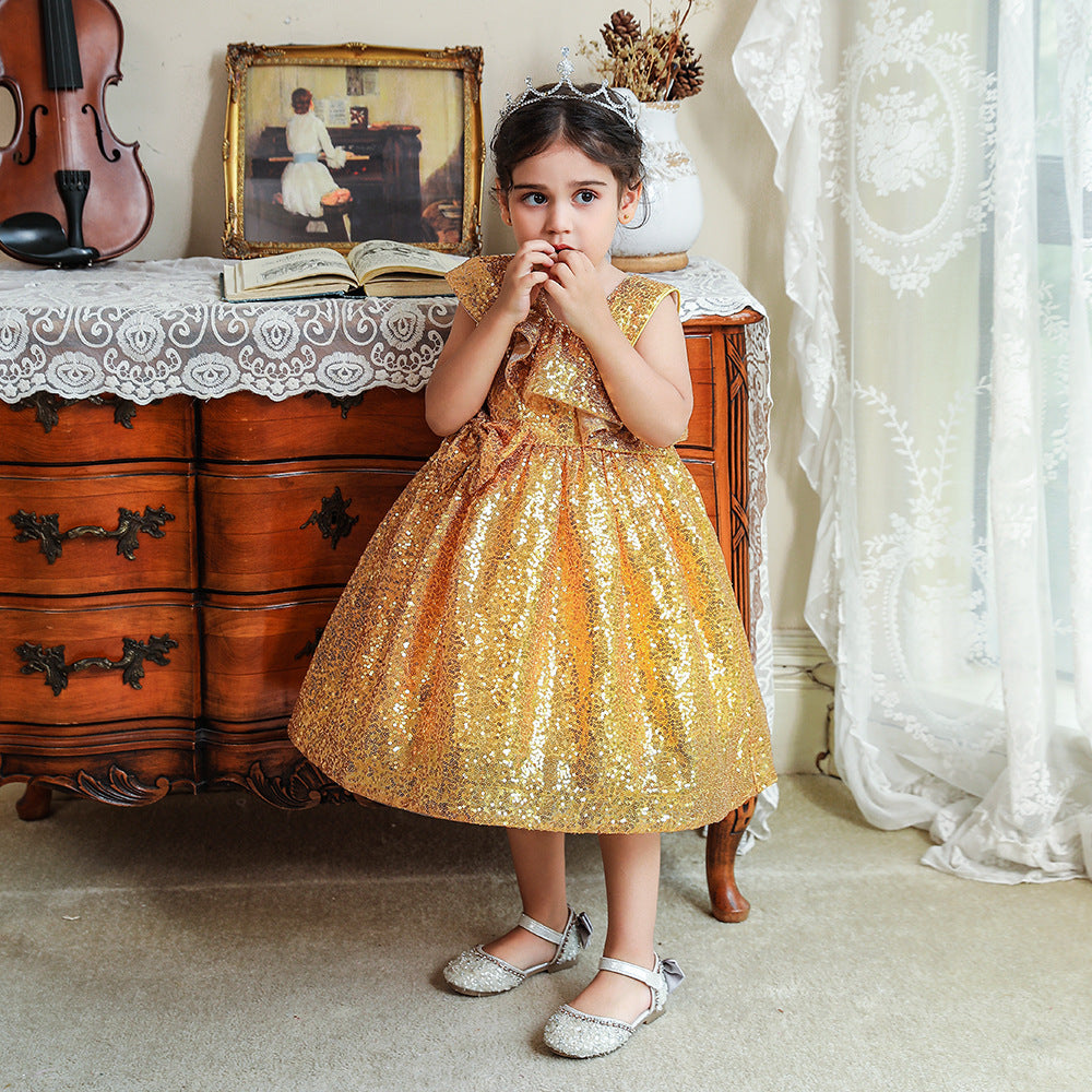 Sequin A-Line Flower Girl Dress with Bow & Ruffle – Tea Length Special Occasion Outfits