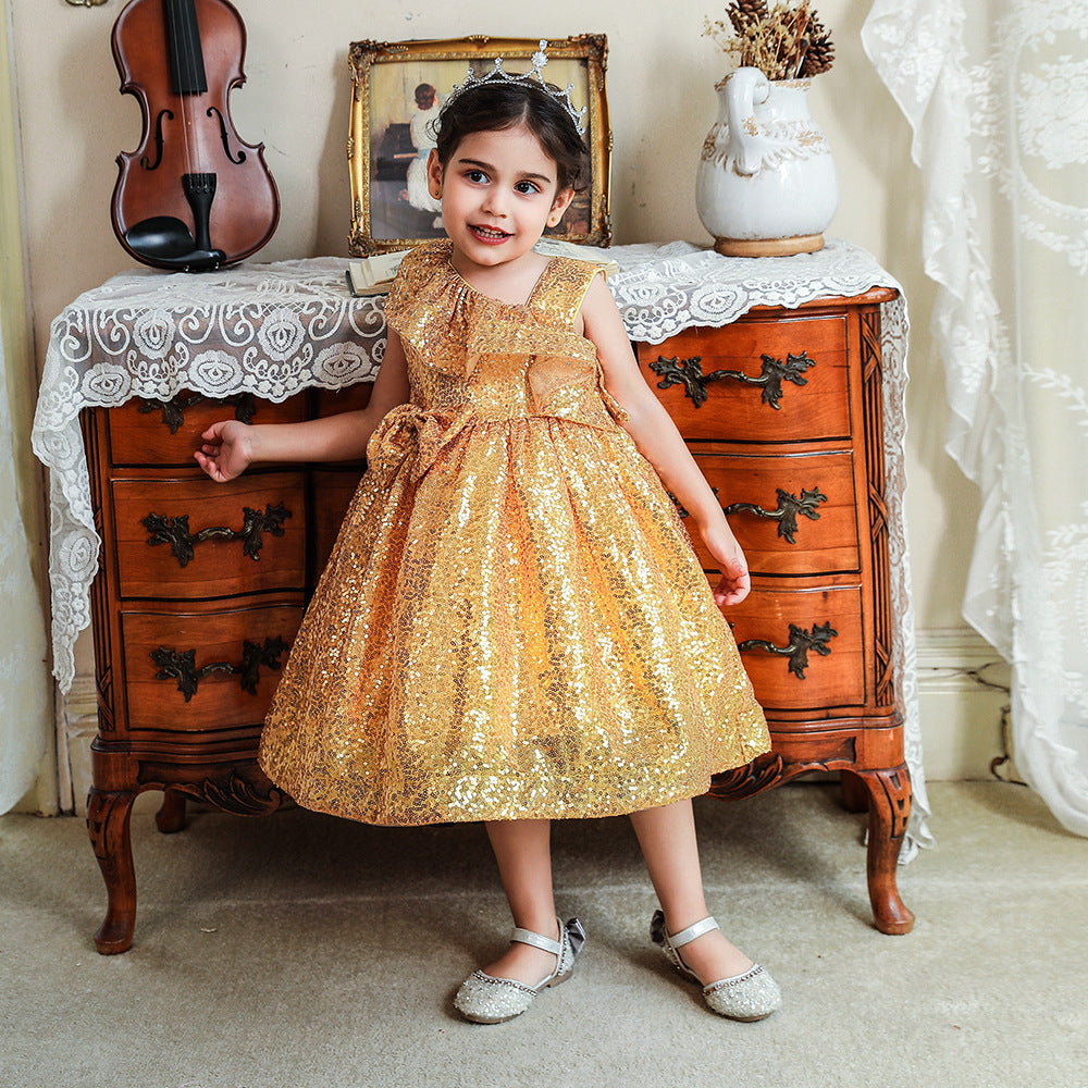 Sequin A-Line Flower Girl Dress with Bow & Ruffle – Tea Length Special Occasion Outfits