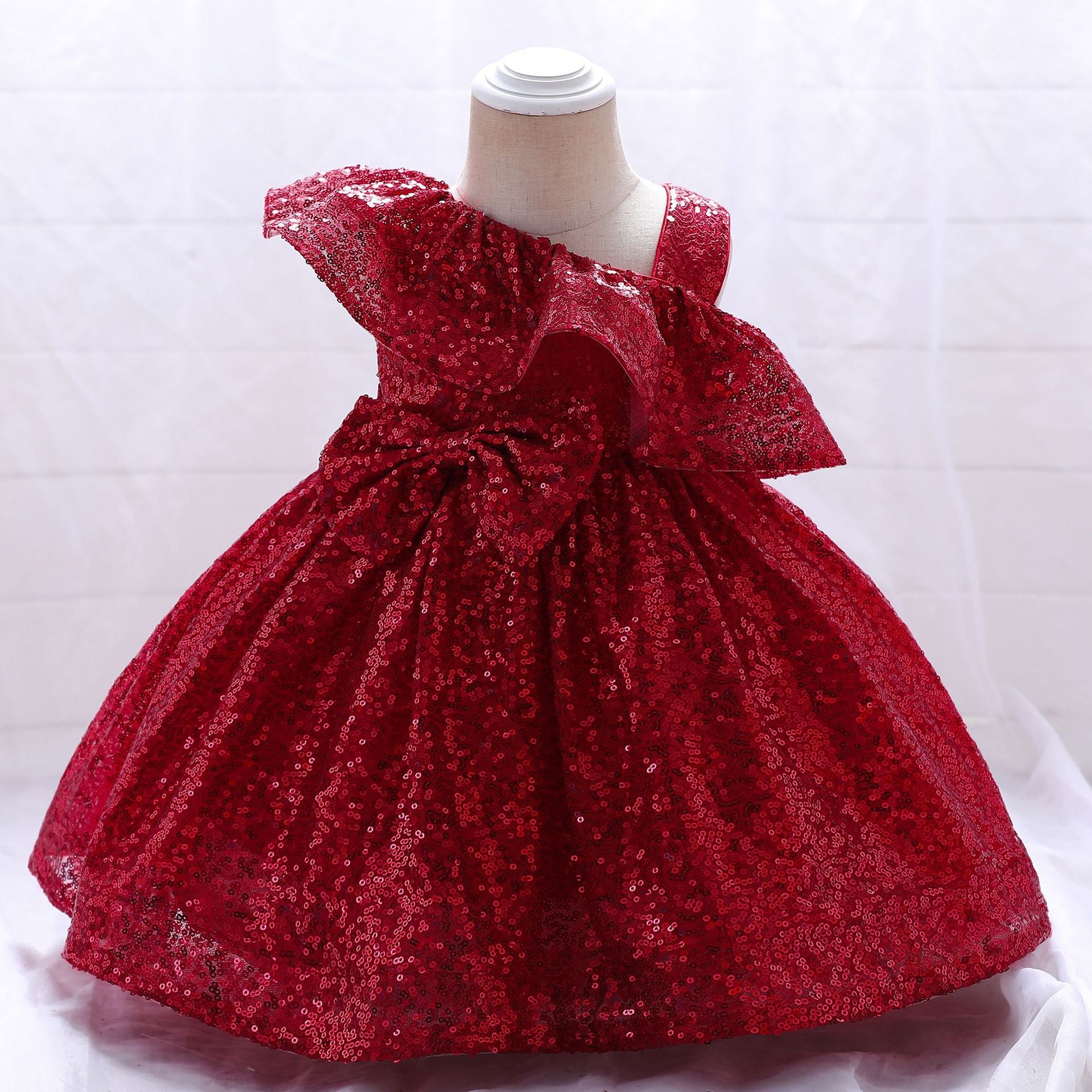 Sequin A-Line Flower Girl Dress with Bow & Ruffle – Tea Length Special Occasion Outfits
