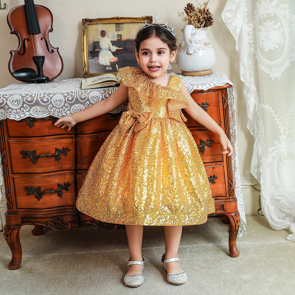 Sequin A-Line Flower Girl Dress with Bow & Ruffle – Tea Length Special Occasion Outfits