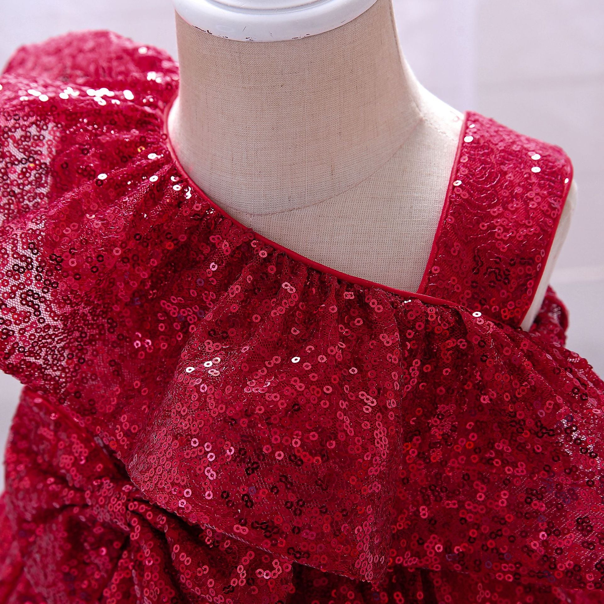 Sequin A-Line Flower Girl Dress with Bow & Ruffle – Tea Length Special Occasion Outfits