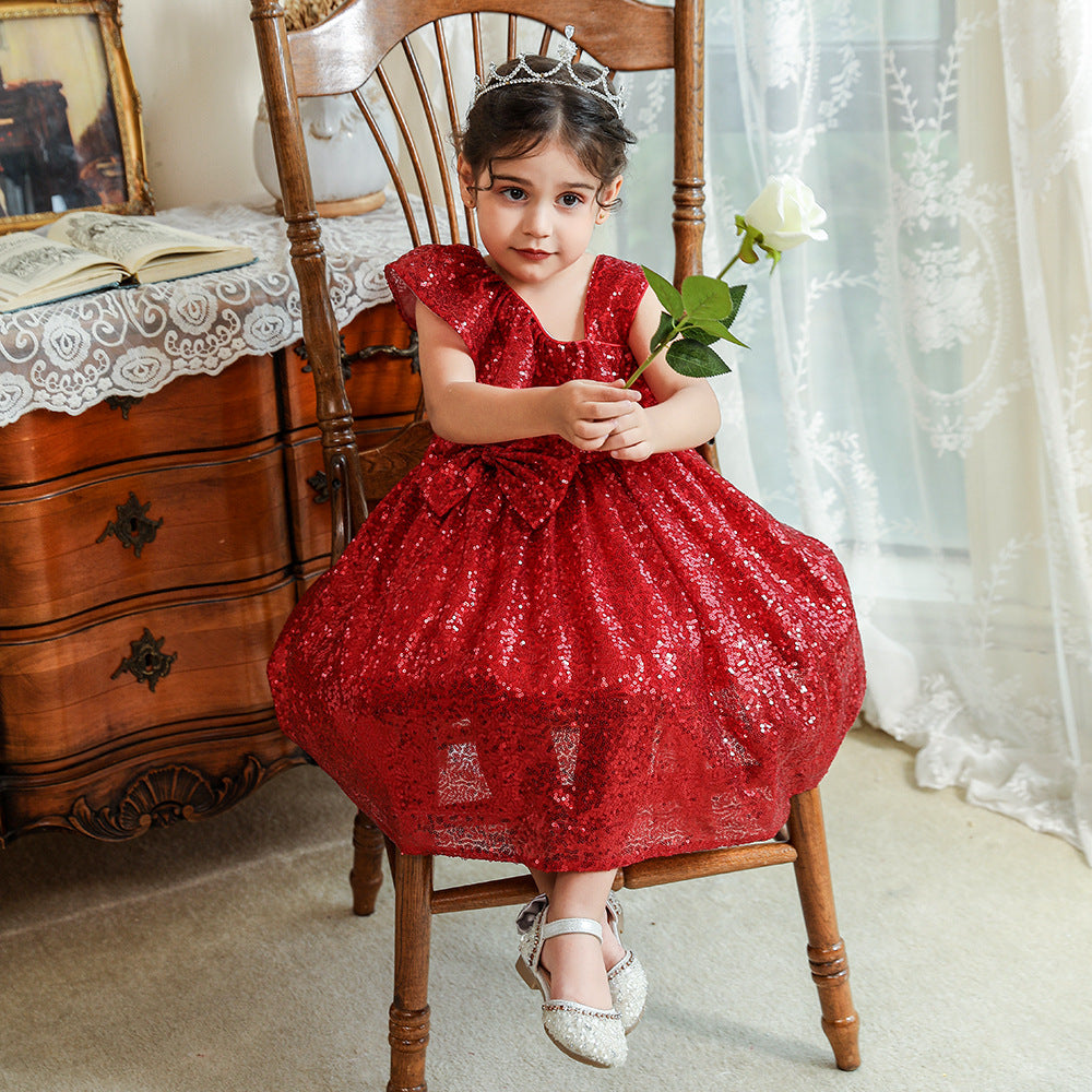 Sequin A-Line Flower Girl Dress with Bow & Ruffle – Tea Length Special Occasion Outfits