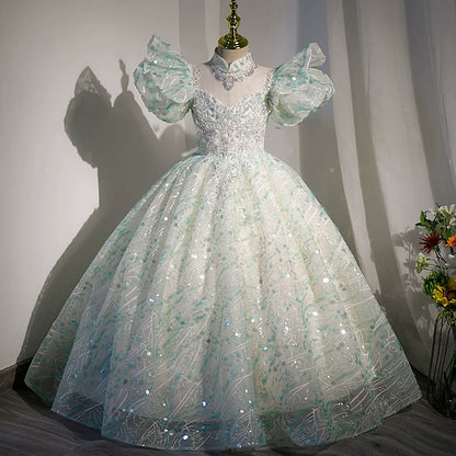 Light Green Sequin A-Line Maxi Dress for Girls – V-Neck Princess Gown