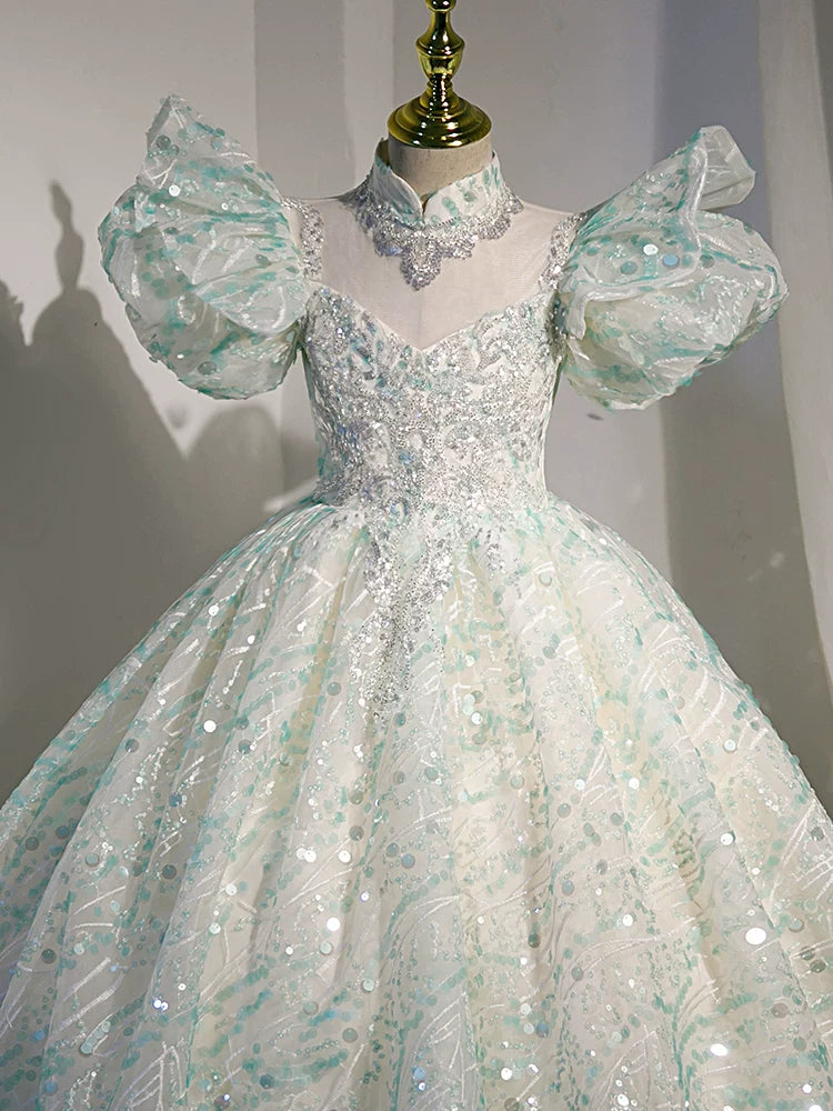 Light Green Sequin A-Line Maxi Dress for Girls – V-Neck Princess Gown