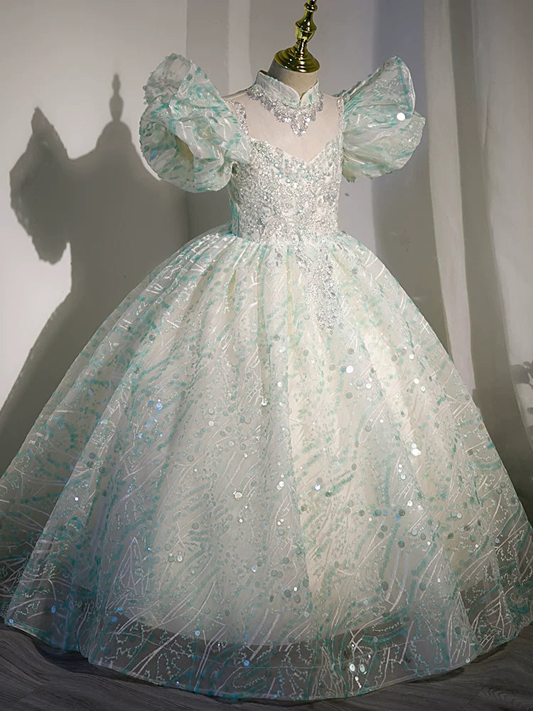 Light Green Sequin A-Line Maxi Dress for Girls – V-Neck Princess Gown