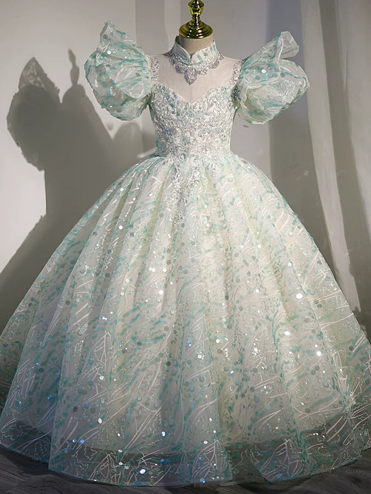 Light Green Sequin A-Line Maxi Dress for Girls – V-Neck Princess Gown