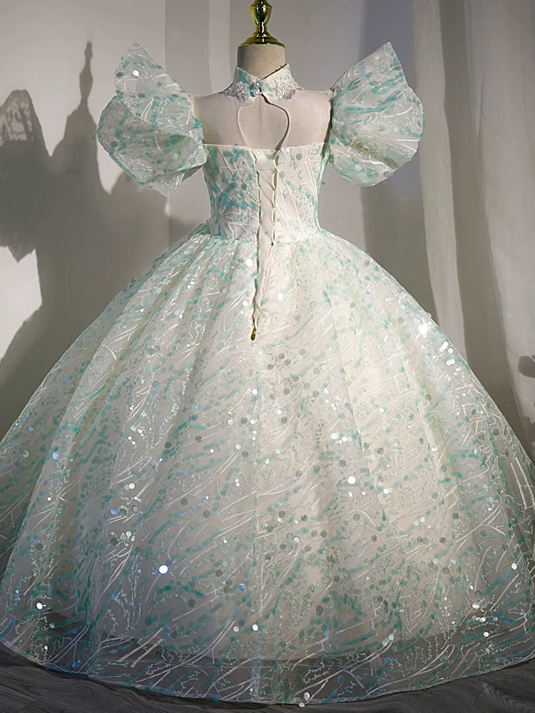 Light Green Sequin A-Line Maxi Dress for Girls – V-Neck Princess Gown