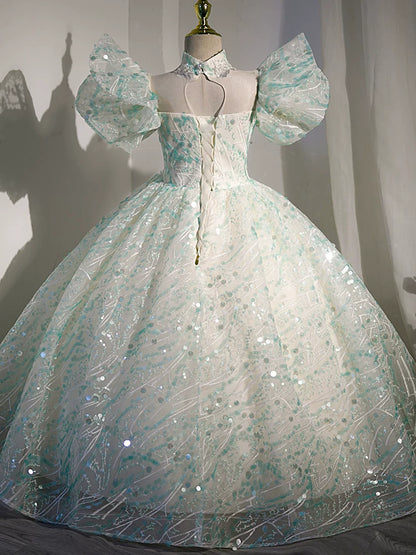Light Green Sequin A-Line Maxi Dress for Girls – V-Neck Princess Gown