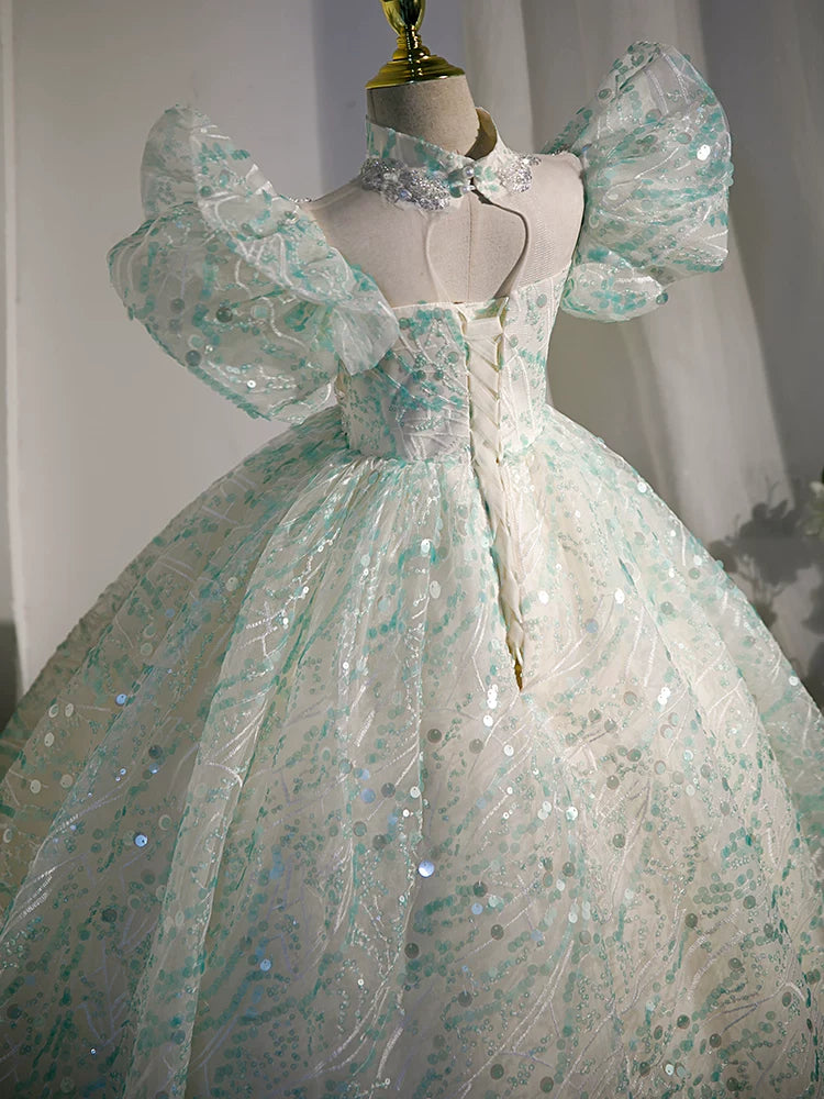 Light Green Sequin A-Line Maxi Dress for Girls – V-Neck Princess Gown