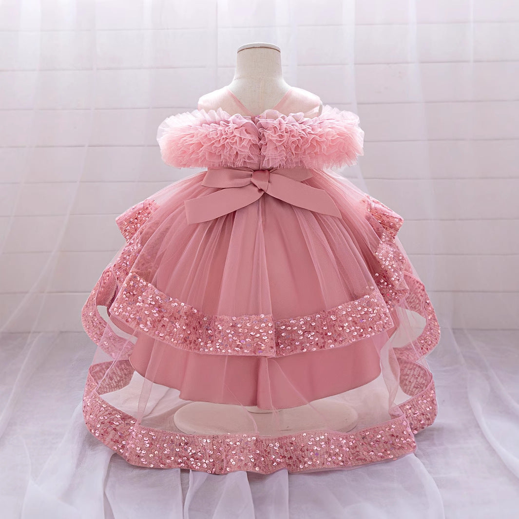 Pink Sequin Beaded Tiered Mesh Ball Gown for Toddlers | High-Low Puffy Flower Girl Dress