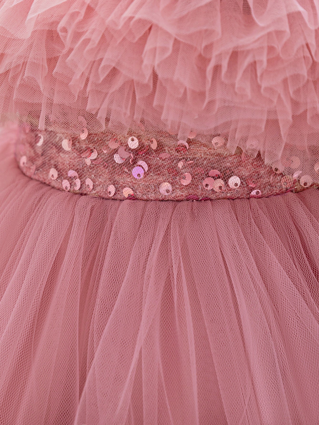 Pink Sequin Beaded Tiered Mesh Ball Gown for Toddlers | High-Low Puffy Flower Girl Dress