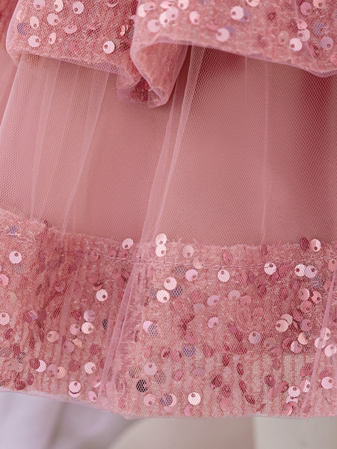 Pink Sequin Beaded Tiered Mesh Ball Gown for Toddlers | High-Low Puffy Flower Girl Dress