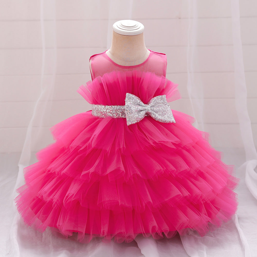 Layered Sequin Bow Princess Tulle Dress for Girls - Party & Birthday Ball Gown