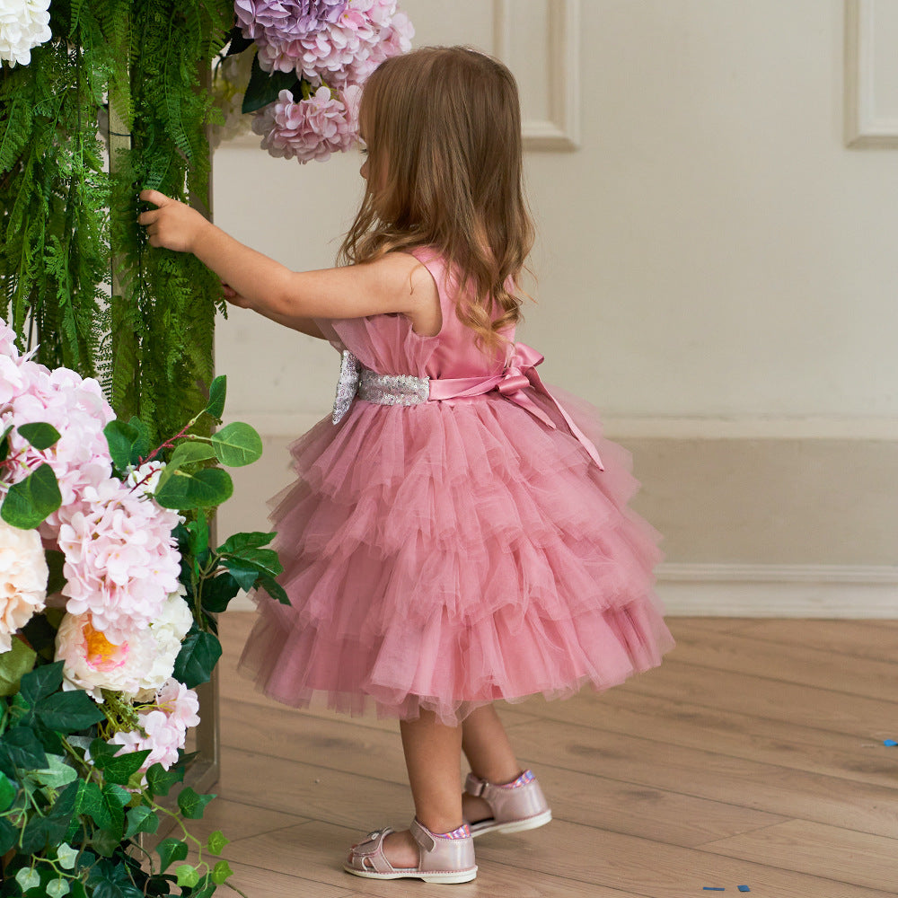 Layered Sequin Bow Princess Tulle Dress for Girls - Party & Birthday Ball Gown