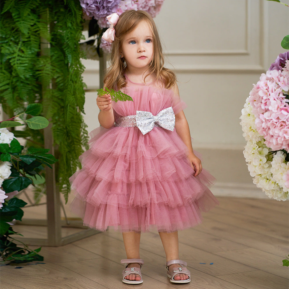 Layered Sequin Bow Princess Tulle Dress for Girls - Party & Birthday Ball Gown