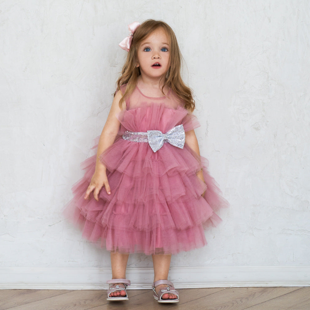 Layered Sequin Bow Princess Tulle Dress for Girls - Party & Birthday Ball Gown