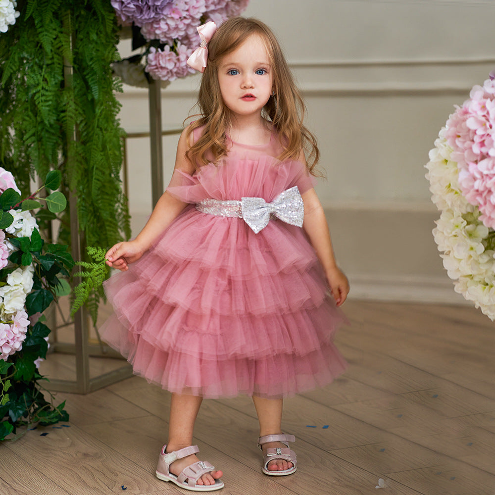 Layered Sequin Bow Princess Tulle Dress for Girls - Party & Birthday Ball Gown
