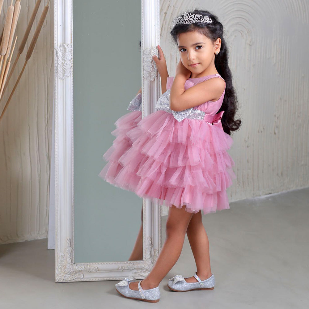 Layered Sequin Bow Princess Tulle Dress for Girls - Party & Birthday Ball Gown
