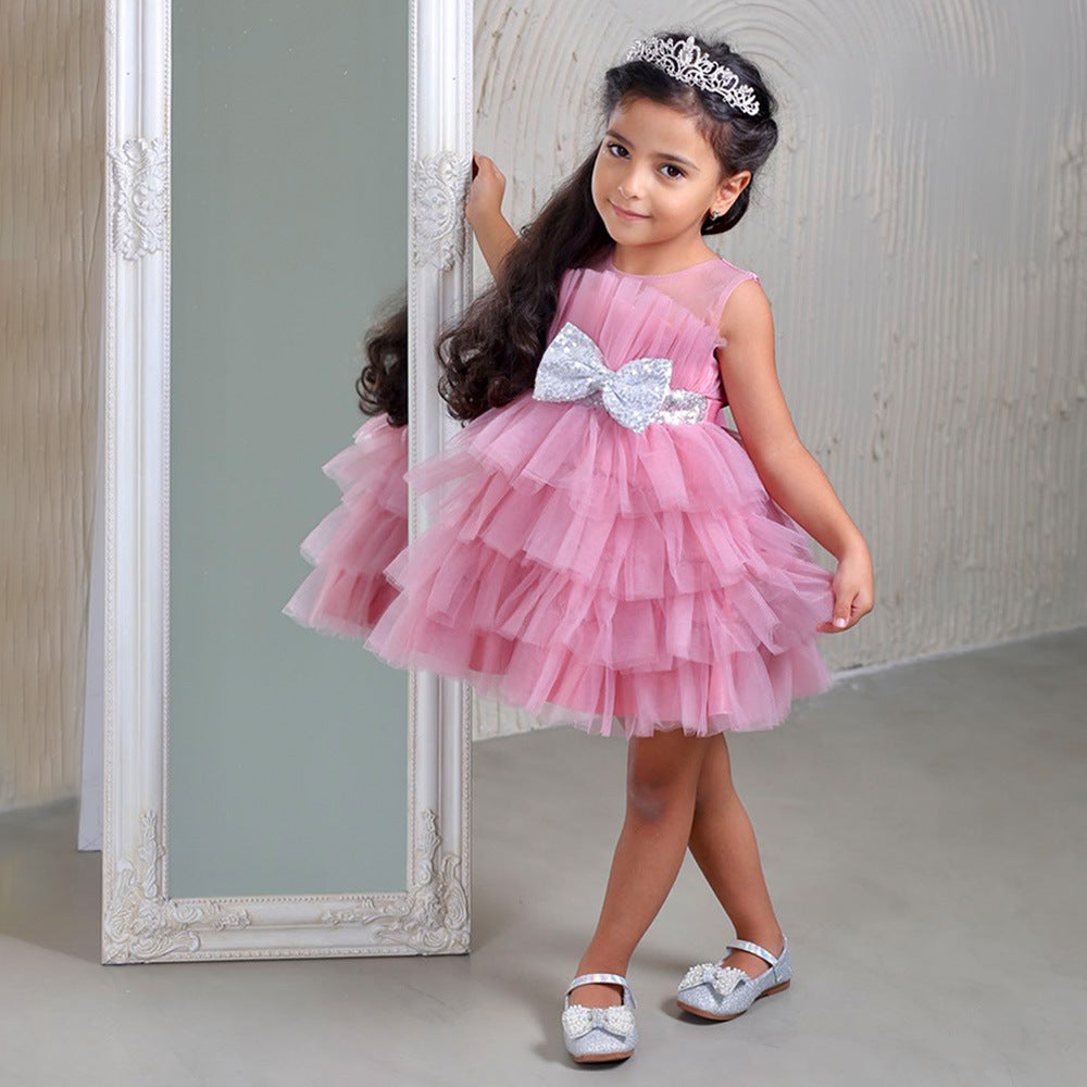 Layered Sequin Bow Princess Tulle Dress for Girls - Party & Birthday Ball Gown