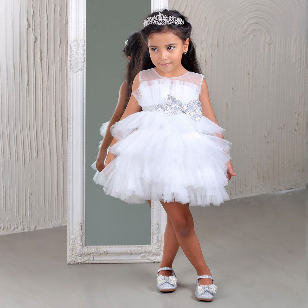 Layered Sequin Bow Princess Tulle Dress for Girls - Party & Birthday Ball Gown