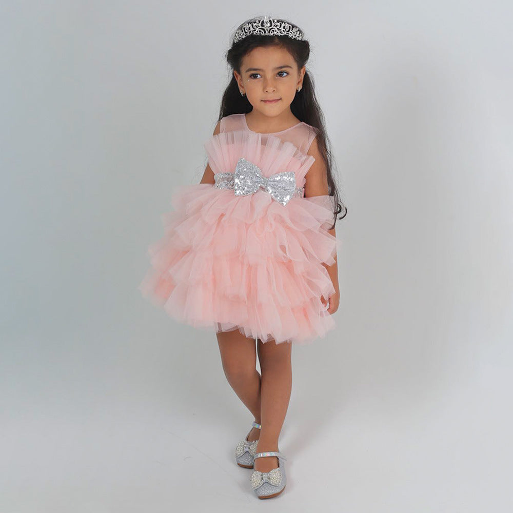 Layered Sequin Bow Princess Tulle Dress for Girls - Party & Birthday Ball Gown