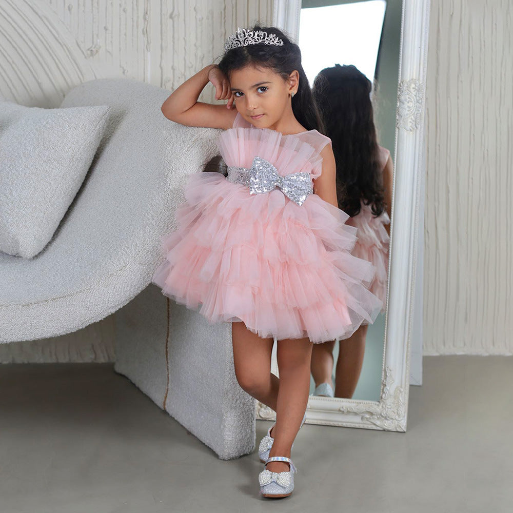 Layered Sequin Bow Princess Tulle Dress for Girls - Party & Birthday Ball Gown