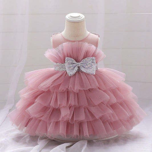 Layered Sequin Bow Princess Tulle Dress for Girls - Party & Birthday Ball Gown