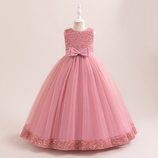 Sparkly Sequin Maxi Princess Dress for Girls | A-Line Formal Gown with Bow