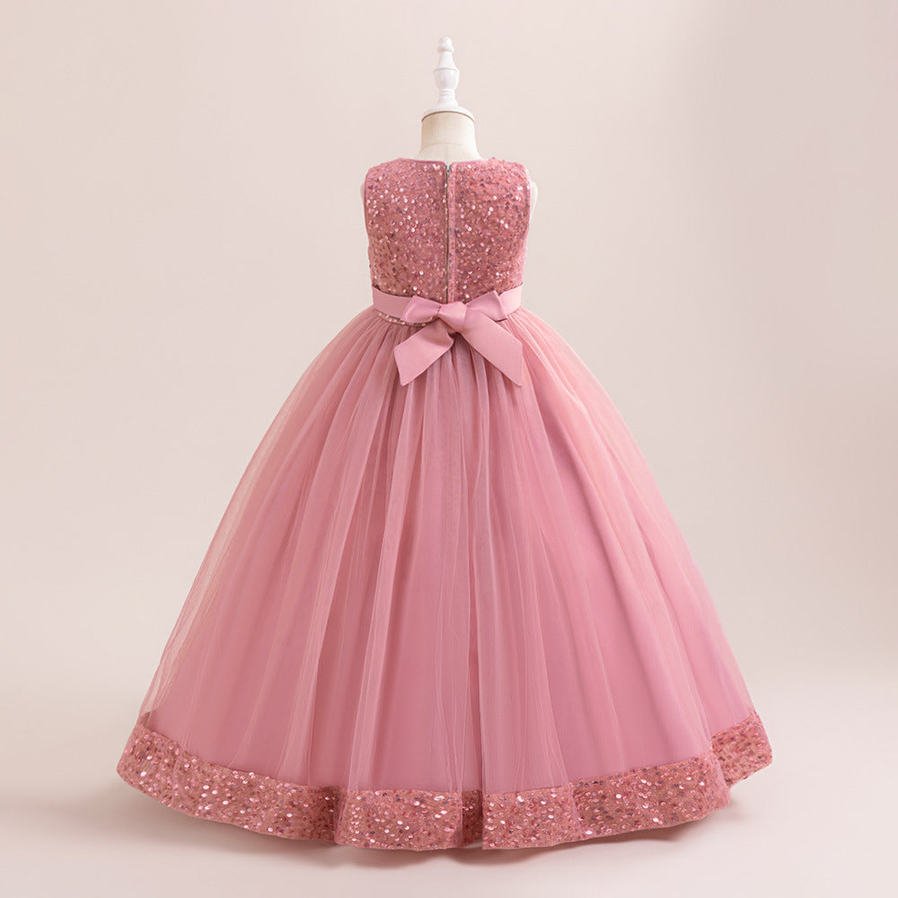 Sparkly Sequin Maxi Princess Dress for Girls | A-Line Formal Gown with Bow