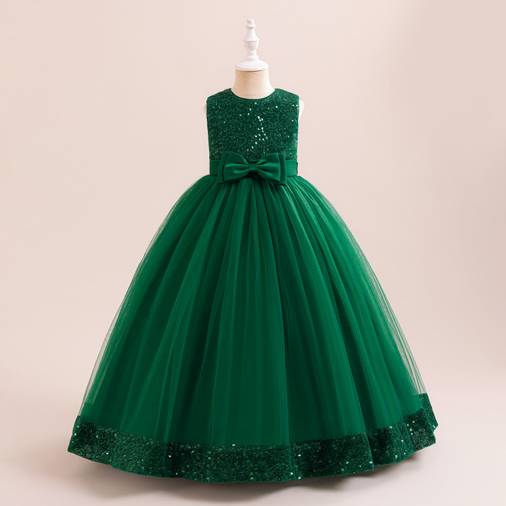 Sparkly Sequin Maxi Princess Dress for Girls | A-Line Formal Gown with Bow