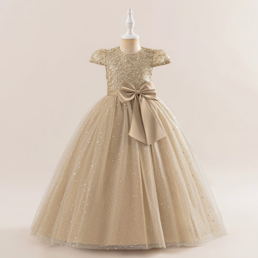 Sequin Bowknot Maxi Dress for Girls – Sparkly Party & Flower Girl Gown